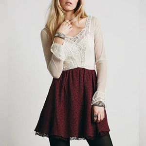 Free People V for Victoria Embroidered Lace Sleeve Mini Dress Ivory / Maroon 2